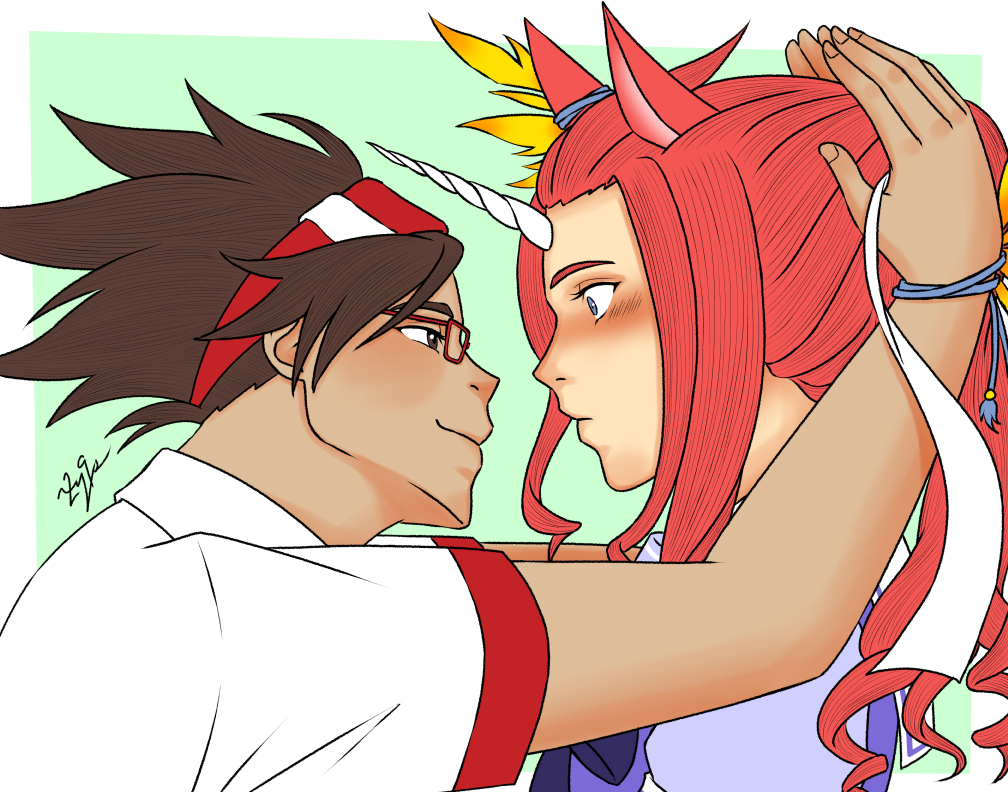 digital art of my uma!zelos and trainer!lloyd au. with their faces close, lloyd is tying a white ribbon around zelos's hair while zelos looks like he's been taken by surprise